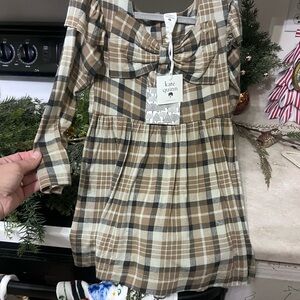 Kate Quinn Kids bamboo bow Dress in Brown and Cream Plaid
